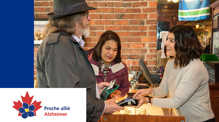 Two senior citizens having a pleasant conversation with a retail worker. The Proche allié Alzheimer logo is visible in the lower left corner.