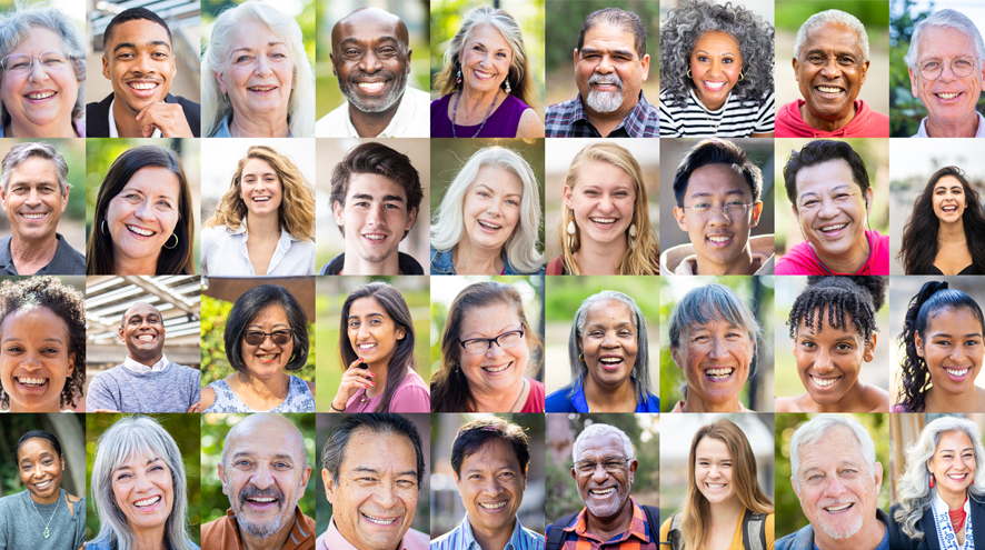 A gridded array of many adults of different ages and cultural backgrounds