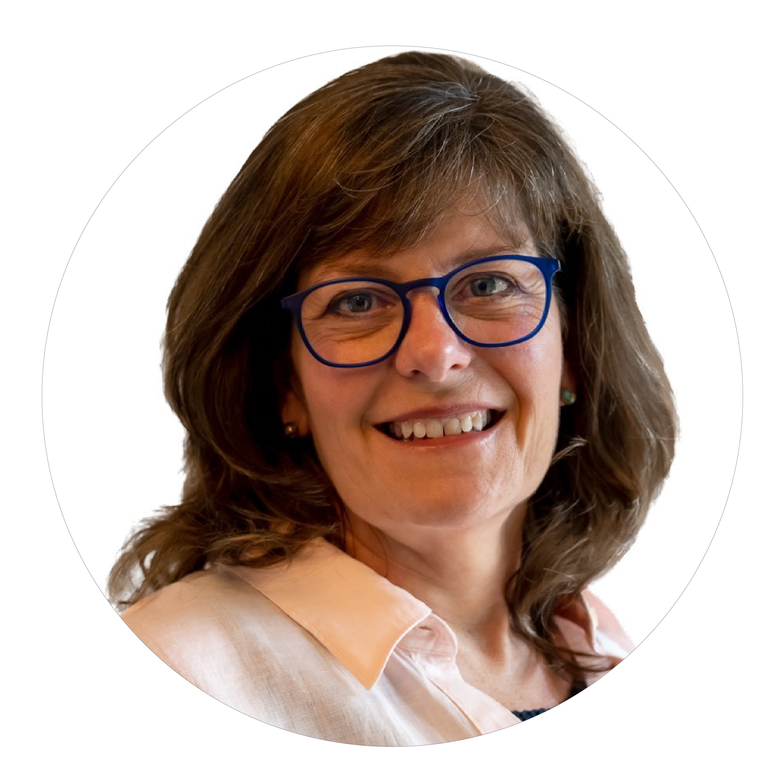 A woman with medium-length brown hair, glasses and a white shirt