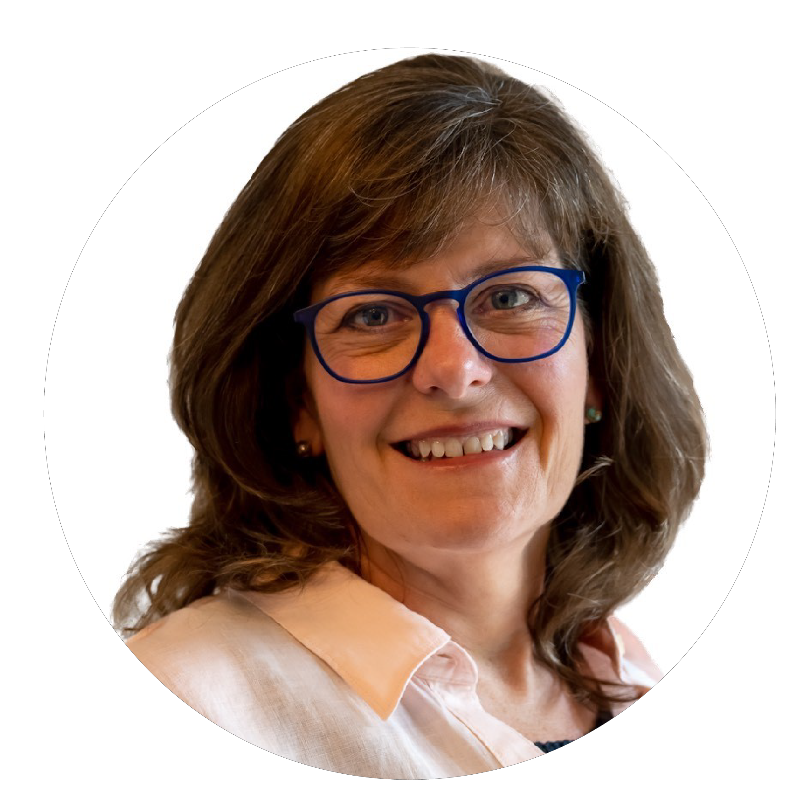 A woman with medium-length brown hair, glasses and a white shirt